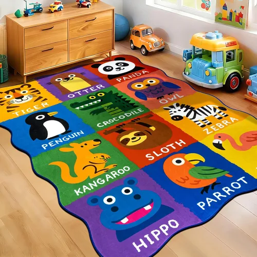 Vista 11 de Alfombras infantiles para sala de juegos, 3 x 5 pies, alfombra de área ultra antideslizante, alfombra de juego lavable, bonita alfombra de animales