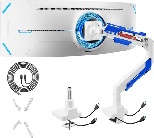 Vista 10 de ARES WING Brazo de monitor ultraancho de alta resistencia, soporte de monitor de aluminio con resorte de gas con USB para pantallas curvas de 24 a