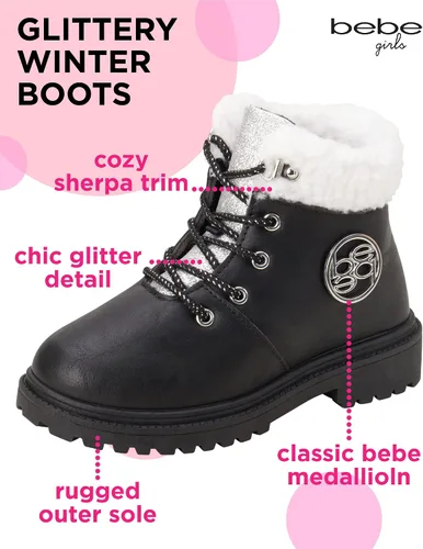 Vista 2 de bebe Botas de invierno para niñas, botas de trabajo resistentes al agua con puños de sherpa y purpurina