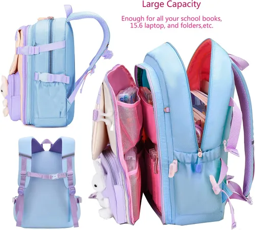 Vista 4 de Gazigo Mochila para niñas, escuela primaria, mochila de conejito para niñas, linda mochila para niños y jardín de infantes preescolar, Juego