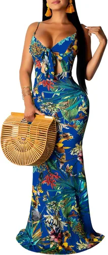 Vista 12 de Women's Summer Floral Spaghetti Strap Long Maxi Dresses Low-Cut Bohemian Beach Sundress Negro