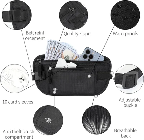 Vista 4 de Cinturón de dinero para viajes Mujeres Hombres Oculto Rfid Pasaporte titular para viajes (negro)