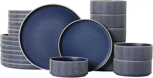 Vista 15 de Juego de vajilla de cerámica, platos y cuencos para 4, platos acanalados de 12 piezas, resistentes a astillamientos y arañazos, aptos para Beige