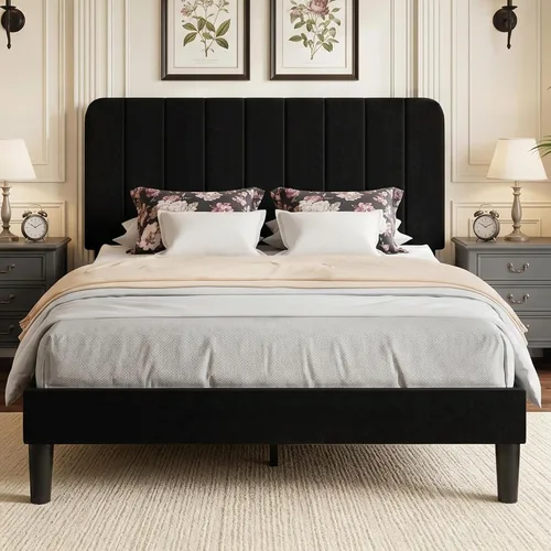 Vista 32 de VECELO Base de cama tapizada de tamaño matrimonial con 4 cajones y cabecero, plataforma de terciopelo, soporte de listones de madera, no necesita