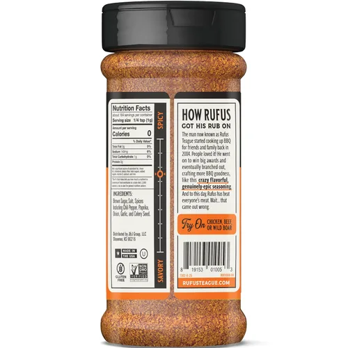 Vista 2 de Rufus Teague - Masaje de carne picante - Rub prémium para barbacoa - Botella de 6.5 onzas Premium Barbecue Seasoning & Dry Rub for Smoking and