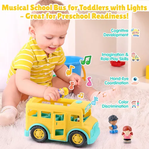 Vista 2 de PLAY Juguete musical amarillo del autobús escolar para niños pequeños