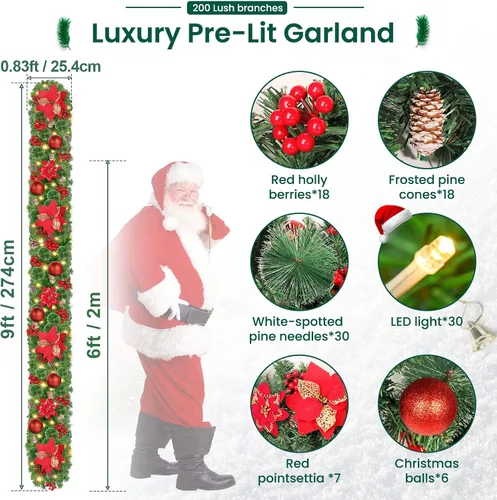 Vista 2 de Guirnalda de Navidad con luces, guirnalda de Navidad de 9 pies con 30 luces LED, funciona con pilas, decoraciones de Navidad artificiales