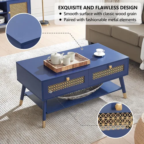 Vista 3 de JYED Mesa de café moderna de madera de mediados de siglo con cajones de almacenamiento decorados con malla metálica, mesa central de acento azul