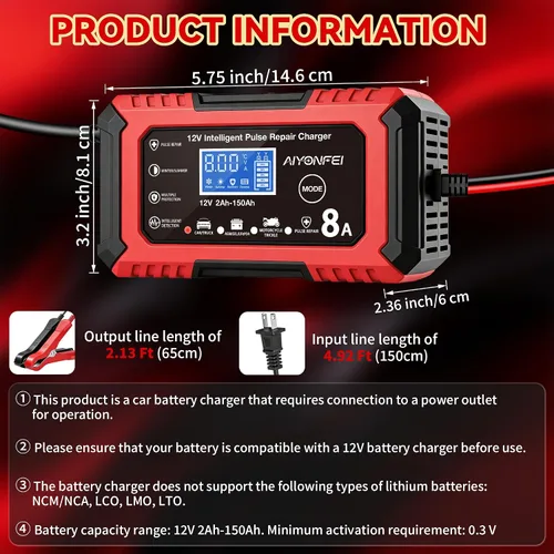 Vista 9 de Cargador de batería de coche 12V 8-Amp Smart Trickle Charger completamente automático Rojo