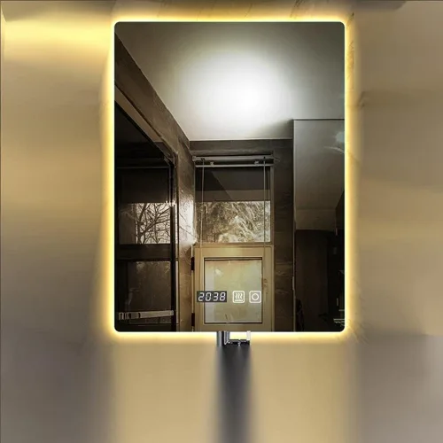 Vista 9 de Espejo de maquillaje rectangular sin marco, espejo de baño LED de tacto inteligente, luz cálida, espejo de pared horizontal/vertical, pantalla