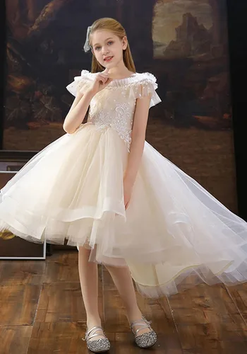 Vista 5 de Vestido de niña de las flores, adorno de encaje, tul con perlas, vestido de princesa para primera comunión, bautismo, boda, vestido de fiesta