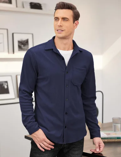 Vista 3 de COOFANDY Camisa de pana para hombre, estilo chaqueta ligera, de manga larga, con botones