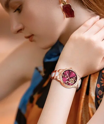 Vista 2 de OLEVS Relojes de mujer automáticos de cuerda automática para mujer, vestido de lujo de oro rosa, diamante blanco, cerámica para mujer, reloj
