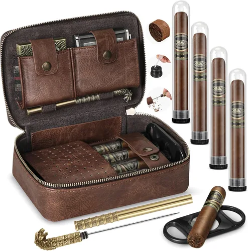 Vista 8 de Humidor de puros, humidor de puros de viaje de cuero, estuche portátil para puros con potenciador de tiro de puros y cortador de puros multifunción