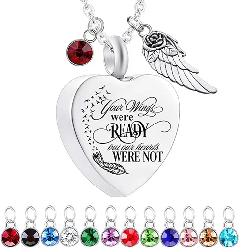 Vista 17 de Dios te tiene en sus brazos con dije de ala de ángel para cenizas de cremación, collar de urna conmemorativa con cristal de piedra natal Abril