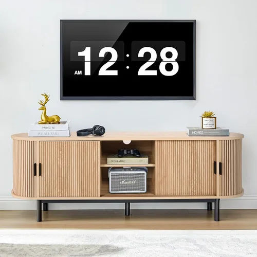 Vista 15 de Janmer Home Soporte de TV acanalado de 54 pulgadas con almacenamiento, consola de TV moderna de mediados de siglo con puertas correderas Tambour