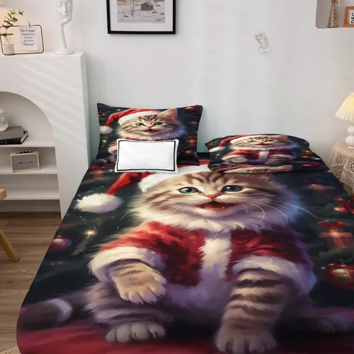 Vista 4 de Sábanas de gato tamaño individual – Sábanas y fundas de almohada de Navidad – 100% microfibra, estampado de alta cantidad de hilos, sábana encimera