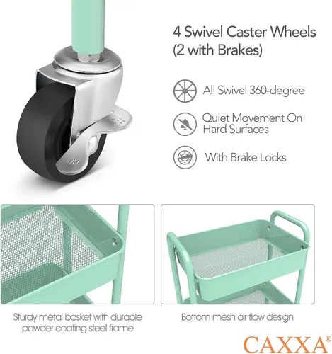 Vista 3 de CAXXA Organizador de almacenamiento de metal con ruedas de 3 niveles, carrito de utilidad móvil, carrito de cocina con ruedas giratorias