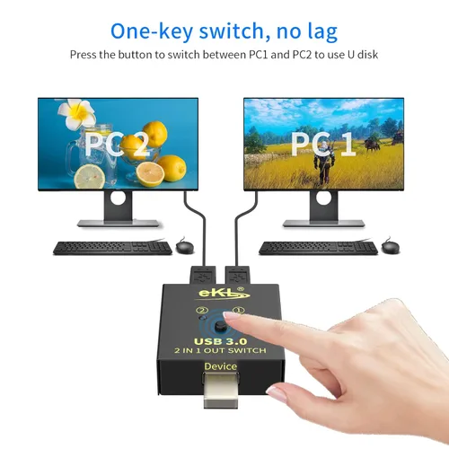 Vista 5 de eKL Selector de interruptor USB 3.0, 2 ordenadores que comparten 1 USB periférico mouse teclado impresora escáner con 2 cables USB A a B