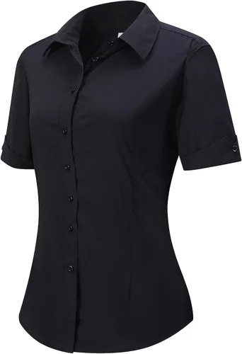 Vista 10 de MGWDT Camisa de trabajo con botones para mujer, ajustada, resistente a las arrugas, manga larga/corta, elástica, ligera