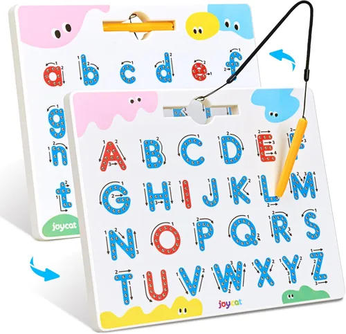 Vista 12 de JoyCat Juego de tableros magnéticos de letras y números para trazar, tablero doble cara de alfabeto y números para niños pequeños, práctica de ABC