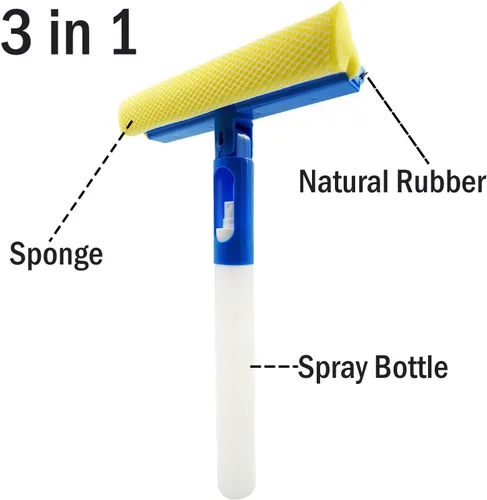 Vista 2 de Limpiador de ventanas de coche con esponja y cuchilla de goma, limpiador con botella de spray 3 en 1, multiusos, para interiores y exteriores
