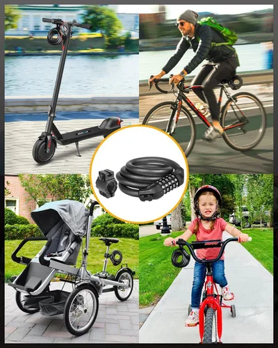 Vista 5 de Cerradura de bicicleta reiniciable de 5 diales, bloqueo de cable anticorte de 4 pies con código de combinación, cadena de seguridad ligera
