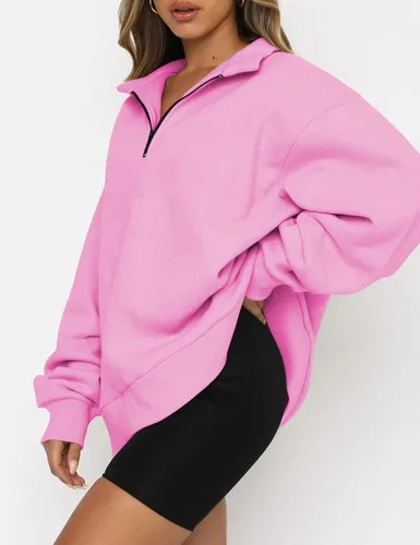 Vista 2 de EFAN Sudadera de gran tamaño con media cremallera para mujer, sudadera de manga larga con cremallera de un cuarto, sudadera moderna con capucha