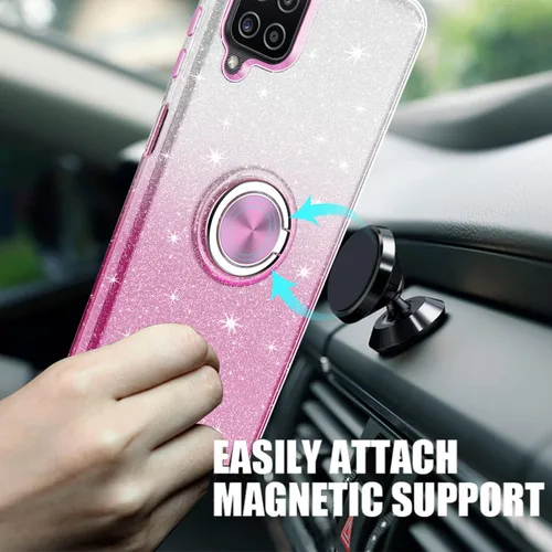 Vista 3 de TJS Funda compatible con Samsung Galaxy A12, con protector de pantalla de vidrio templado, anillo de metal, soporte magnético, tono brillante