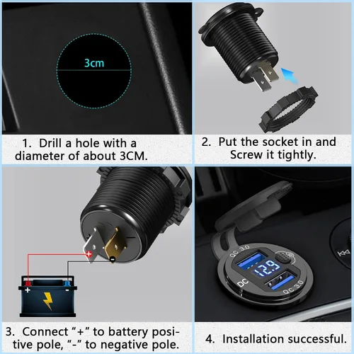 Vista 7 de [Carcasa de metal] Salida USB de 12 V Dual QC 3.0: Qidoe Enchufe de aluminio de 12 voltios para motocicleta con interruptor de botón voltímetro LED