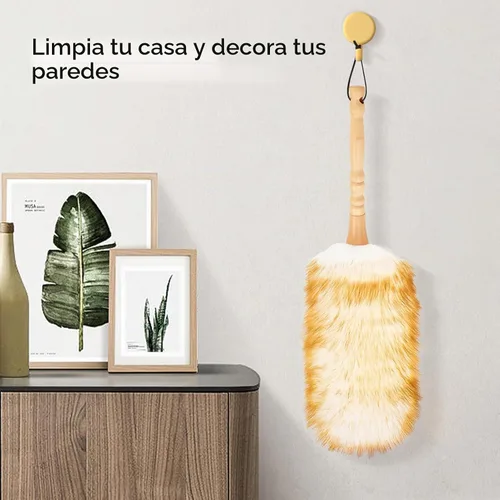 Vista 6 de Plumero de lana de cordero con mango de madera maciza, correa de cuero para colgar, cómodos agarres de 19.6 pulgadas de largo, plumeros naturales