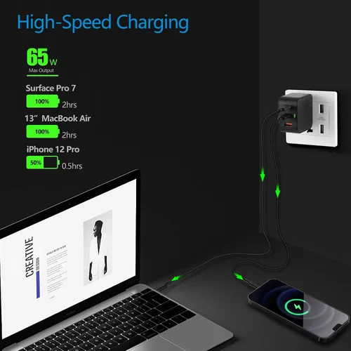 Vista 3 de 65W GaN USB C PD 3.0 QC 3.0 cargador, Surface Pro Mini cargador de viaje para Surface Pro 3/4/5/6/2017/Surface Go/Surface Laptop/Surface Book