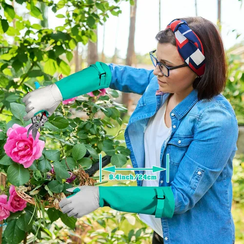 Vista 5 de Guantes largos de jardinería para mujeres/hombres, guantes de poda de rosas a prueba de espinas, guantelete resistente, el mejor regalo de jardín
