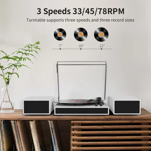 Vista 6 de Tocadiscos de vinilo con 2 altavoces estéreo externos, giradiscos con transmisión por correa y soporte Bluetooth, 3 velocidades, salida RCA