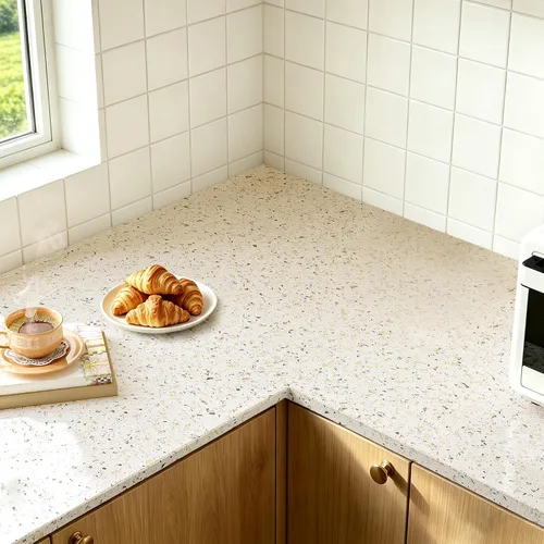 Vista 4 de LACHEERY Papel adhesivo de granito beige para encimeras, papel adhesivo de terrazo beige impermeable, para despegar y pegar, encimeras de granito