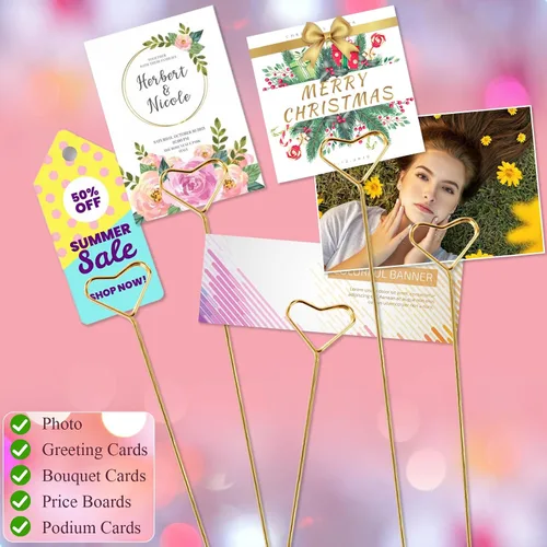 Vista 5 de 40 púas para tarjetas florales, soportes para fotos de corazón, palillo de púas para fotos, soporte para tarjetas de lugar floral dorado, clips