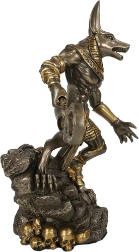 Vista 5 de Ebros Gift Ancient Egyptian Chacal God Anubis con Ankh Staff Spear Standing on Rocky Skulls Heap Figurine in Faux Bronze Gods of Egypt Deity of the
