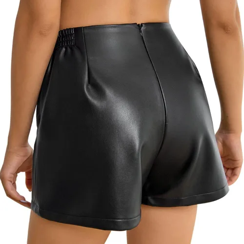 Vista 3 de Everbellus Pantalones cortos casuales de piel sintética para mujer, de cintura alta, pantalones cortos de piel sintética