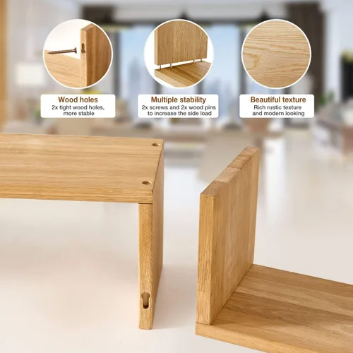 Vista 4 de HOMWOO Estante flotante, estante flotante de madera maciza de roble de grado FAS en forma de U, estantes de pared flotantes para dormitorio, sala