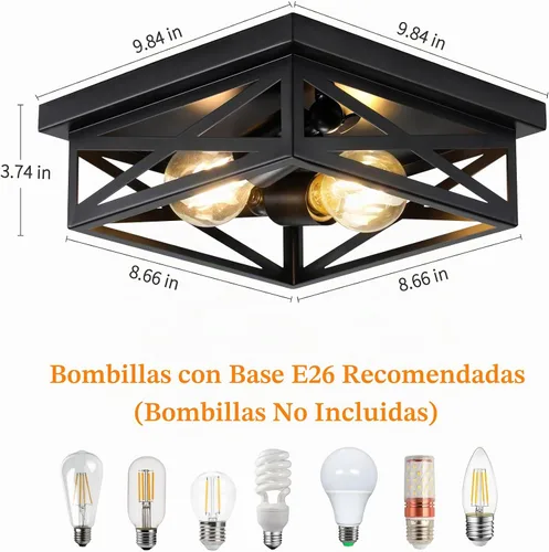 Vista 6 de Luminaria de Techo de Metal Rústico Negro de Montaje al Ras, Lámpara de Techo Industrial Estilo Granja de 2 Luces para Pasillo, Luces de Jaula