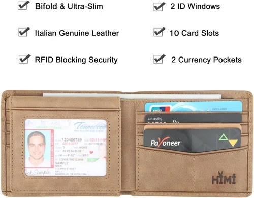 Vista 3 de Cartera de piel auténtica para hombre, con bloqueo RFID, billetera elegante con 2 ventanas de identificación