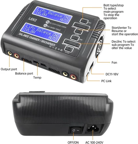 Vista 5 de LiPo Cargador de batería Dual RC Cargador de batería Descargador 240W 10A para 1-6S LiPo LiHV Li-ion Life 1-15S NiCD NiMH PB Baterías inteligentes