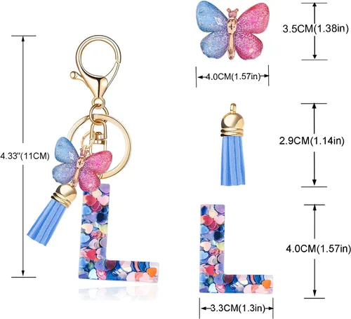 Vista 3 de Llavero de letra inicial del alfabeto de moda, borla y mariposa, llavero para bolso, bolsos de mano para mujeres y niñas