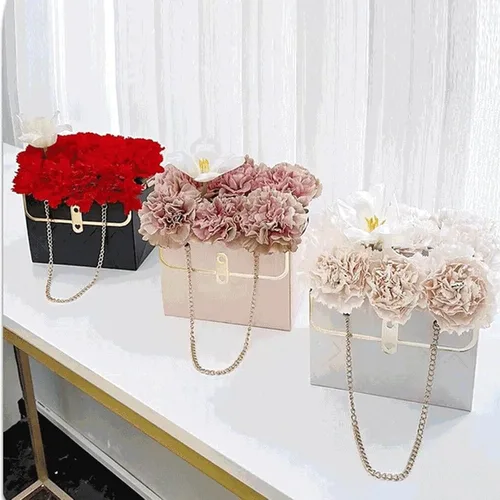 Vista 6 de Caja de regalo de papel de flores con cadena de metal, 6 unidades, cubo de almacenamiento de ramos, bolsa de floristería con asa, estuche de regalo