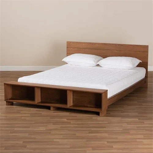 Vista 8 de Baxton Studio Regina - Cama de almacenamiento moderna de madera rústica con acabado marrón nogal y estantes integrados