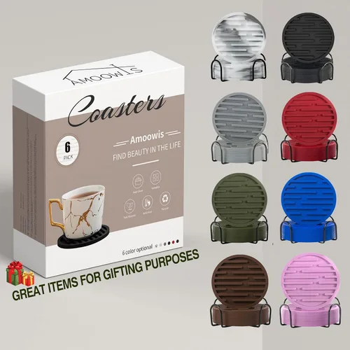 Vista 6 de Juego de 6 posavasos de silicona para bebidas con soporte, impermeables, antideslizantes, reutilizables, posavasos duraderos para mesa, bar