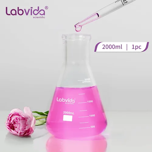 Vista 2 de Frascos Erlenmeyer de boca estrecha de vidrio, Vol.2000ml, 3.3 Borosilicato con graduación impresa, LVC010