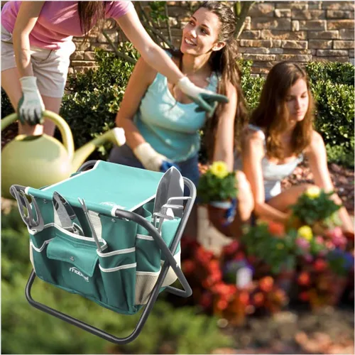 Vista 7 de Juego de herramientas de jardín, kit de herramientas de regalo de jardinería resistente, incluye taburete plegable con bolsa de herramientas, 5