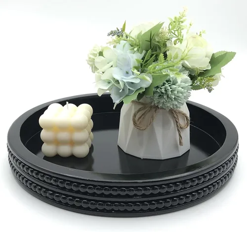 Vista 6 de Carah & Cossh Bandeja redonda de madera, bandeja de madera decorativa redonda negra, bandeja decorativa redonda moderna, perfecta para Negro