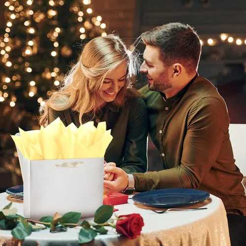 Vista 6 de Bolsa de regalo beige con papel de seda de color sólido sedoso para mujeres y hombres, boutique, cumpleaños, aniversario, boda, 13 pulgadas